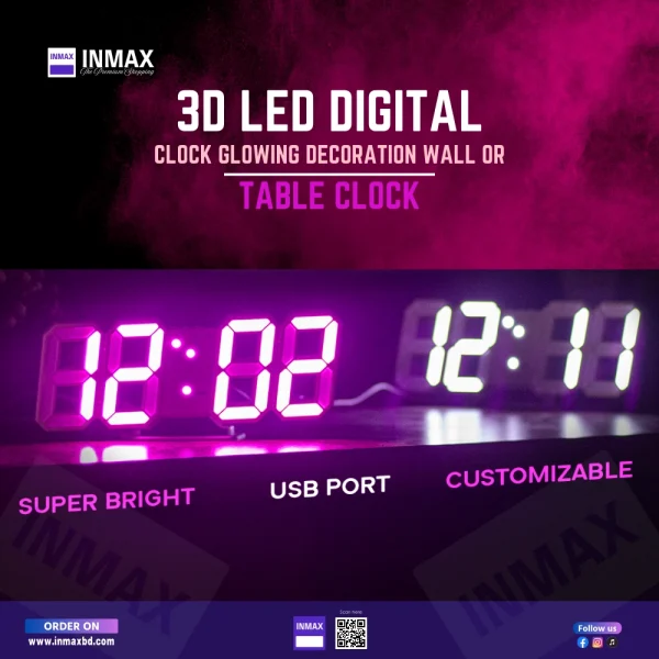 3D LED Digital Clock Glowing Decoration Wall or Table Clock: Enhance Your Space with Style and Functionality price in bangladesh INMAX