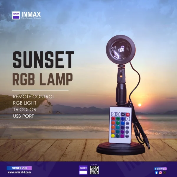 Sunset RGB Lamp Featuring 16 vibrant colors, adjustable brightness, 180° rotation, and a remote control, this stylish sunset projection light is perfect for creating a relaxing or vibrant atmosphere. USB-powered and ideal for bedrooms, living rooms, or parties. Inmaxbd
